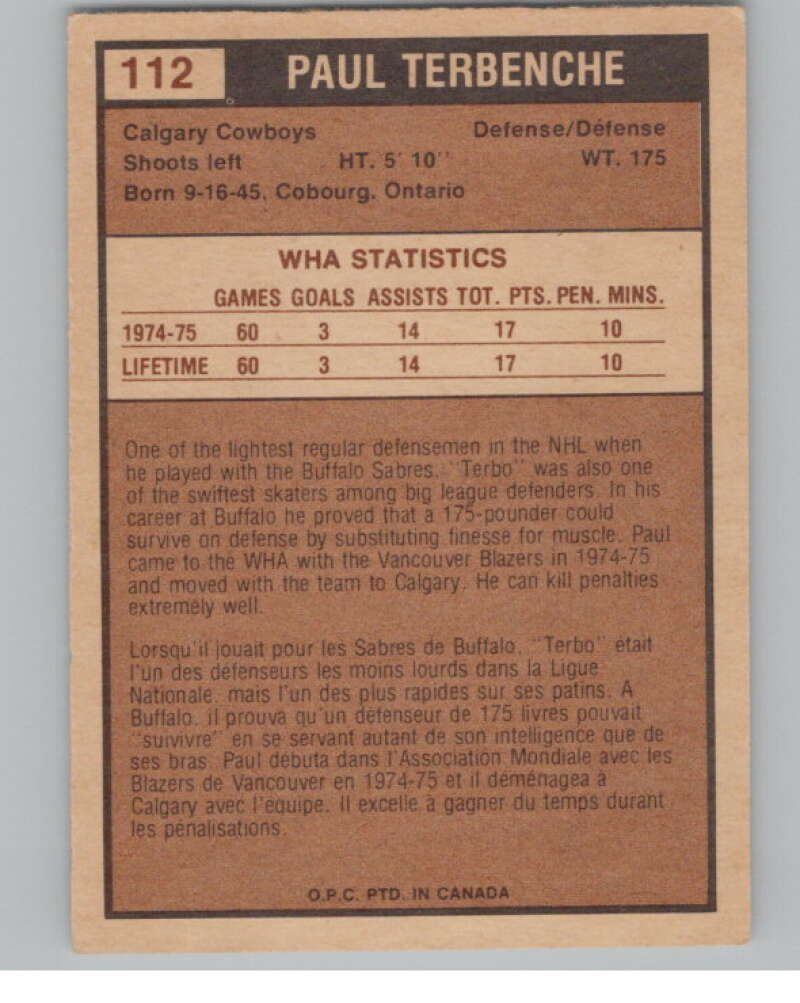 1975-76 O-Pee-Chee WHA #112 Paul Terbenche  Calgary Cowboys  V103264 Image 2