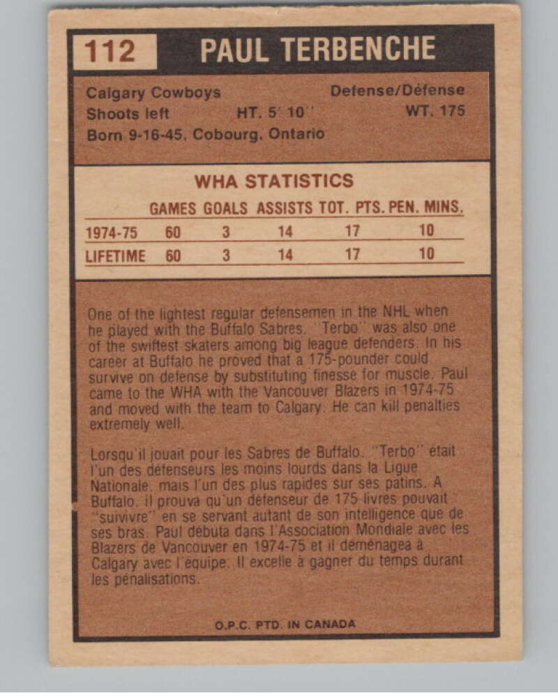 1975-76 O-Pee-Chee WHA #112 Paul Terbenche  Calgary Cowboys  V103265 Image 2