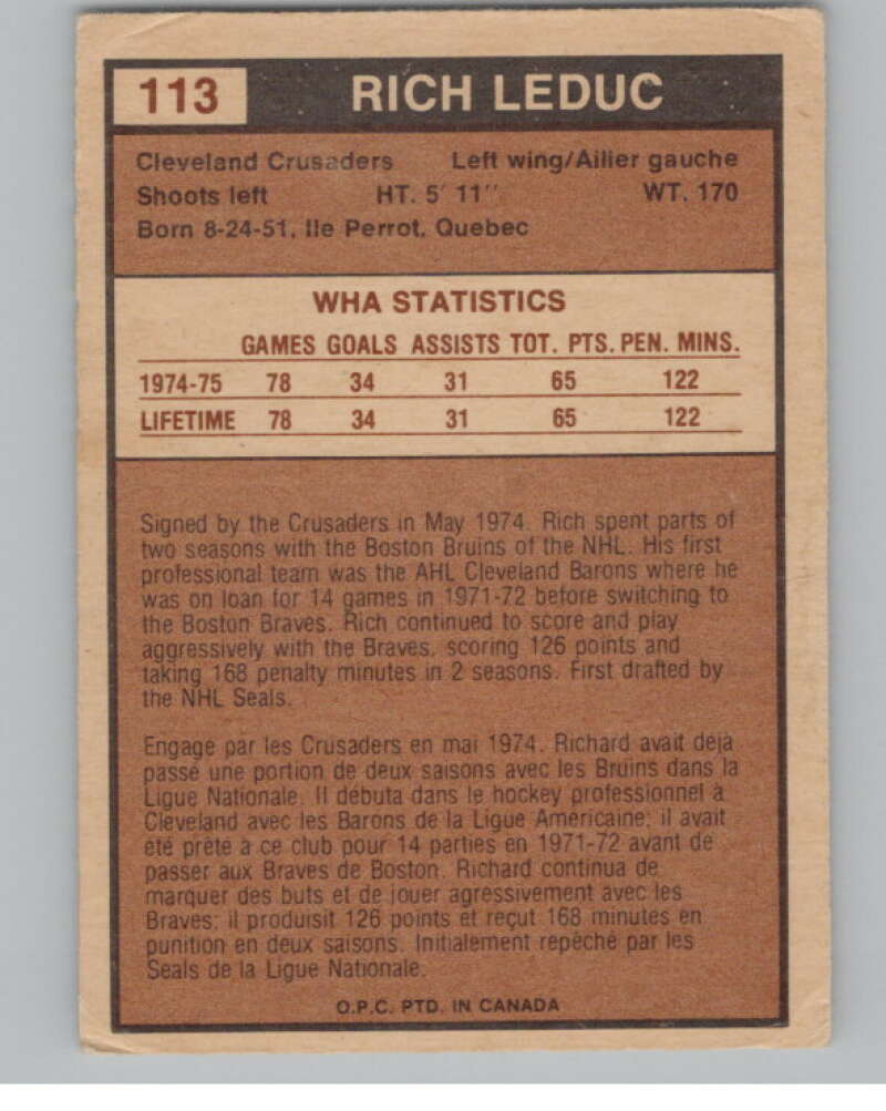 1975-76 O-Pee-Chee WHA #113 Rich Leduc  RC Rookie Cleveland Crusaders  V103266 Image 2
