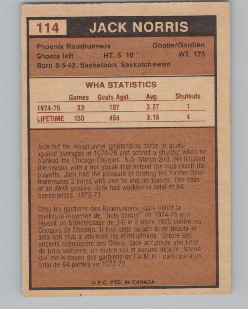 1975-76 O-Pee-Chee WHA #114 Jack Norris  Phoenix Roadrunners  V103267 Image 2