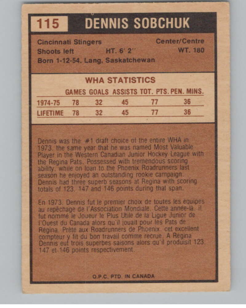 1975-76 O-Pee-Chee WHA #115 Dennis Sobchuk  Cincinnati Stingers  V103269 Image 2