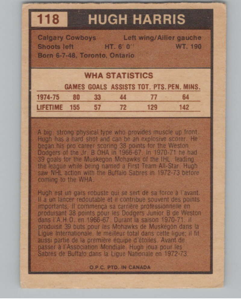 1975-76 O-Pee-Chee WHA #118 Hugh Harris  RC Rookie Calgary Cowboys  V103274 Image 2