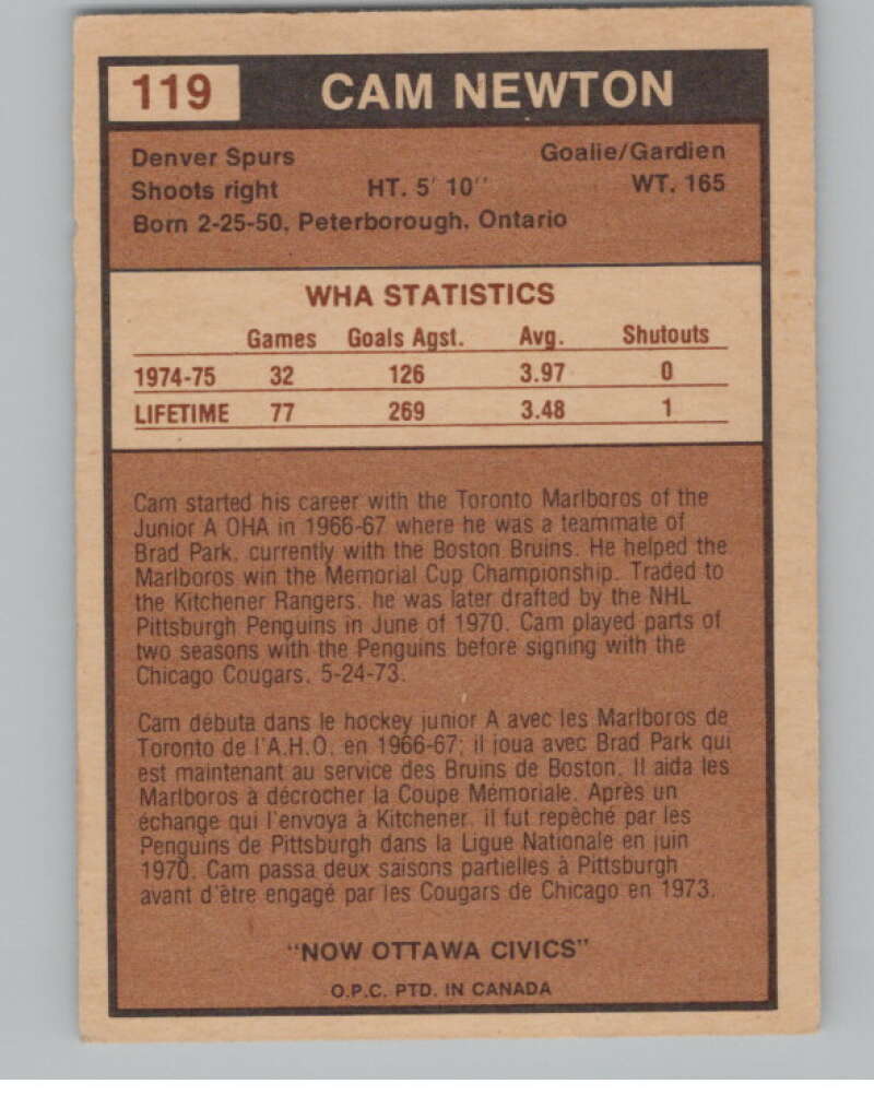 1975-76 O-Pee-Chee WHA #119 Cam Newton  RC Rookie Ottawa Civics  V103275 Image 2