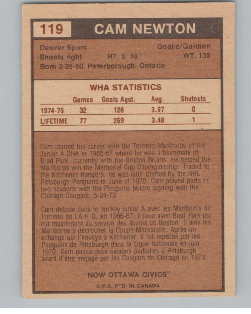 1975-76 O-Pee-Chee WHA #119 Cam Newton  RC Rookie Ottawa Civics  V103276 Image 2
