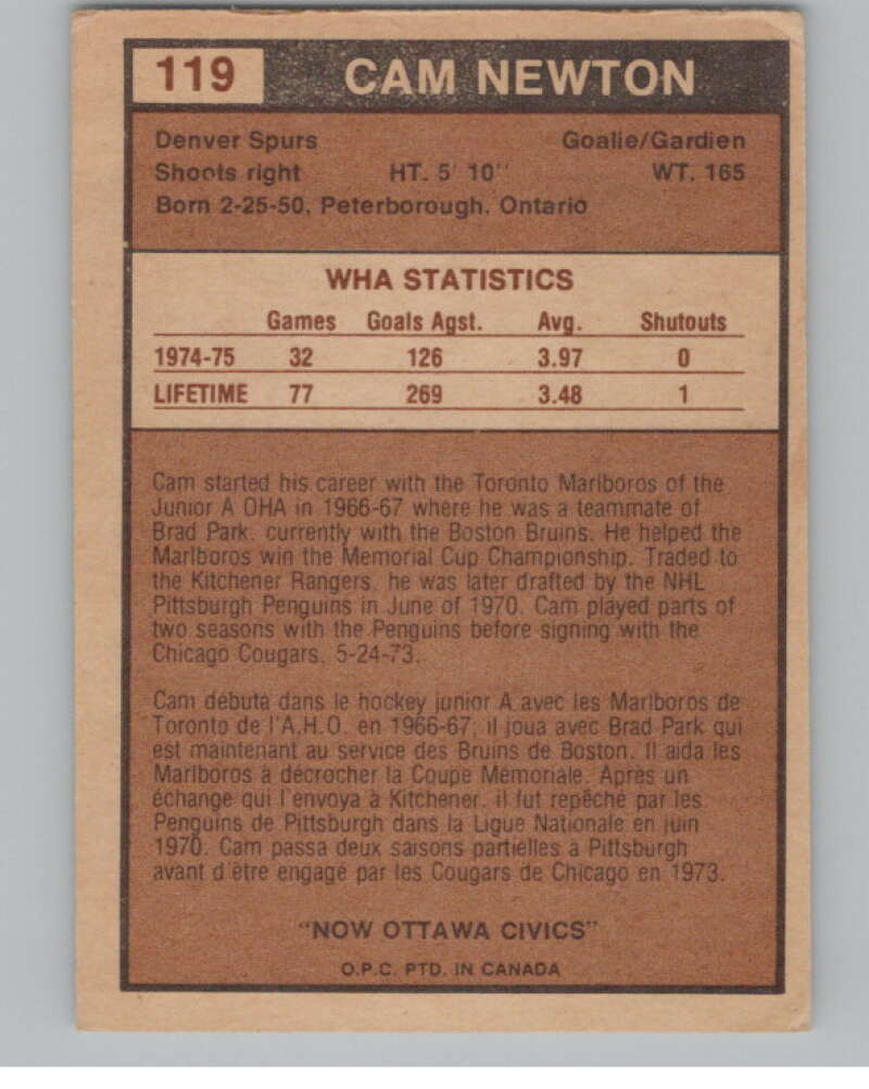 1975-76 O-Pee-Chee WHA #119 Cam Newton  RC Rookie Ottawa Civics  V103277 Image 2