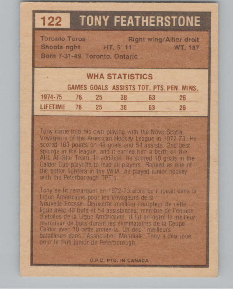 1975-76 O-Pee-Chee WHA #122 Tony Featherstone  Toronto Toros  V103281 Image 2