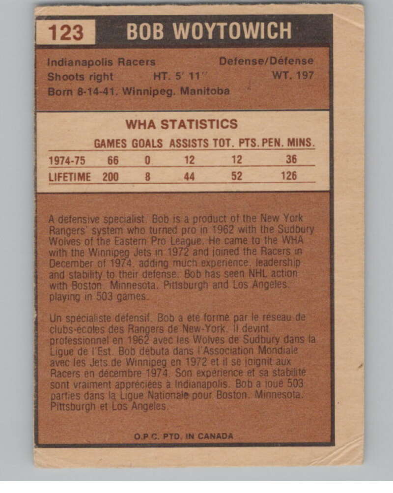 1975-76 O-Pee-Chee WHA #123 Bob Woytowich  Indianapolis Racers  V103284 Image 2