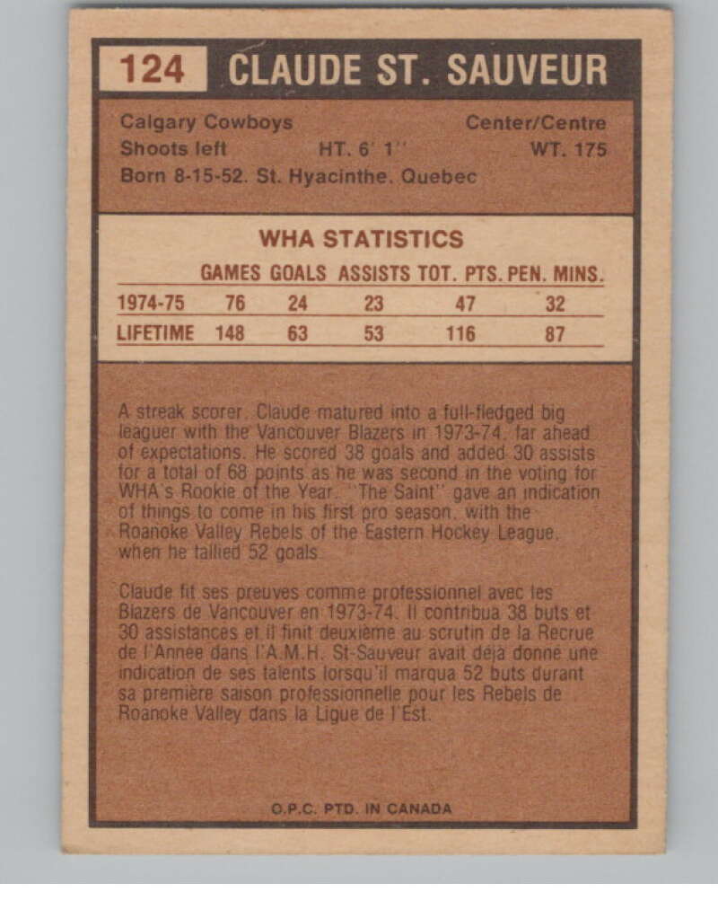 1975-76 O-Pee-Chee WHA #124 Claude St. Sauveur  Calgary Cowboys  V103285 Image 2