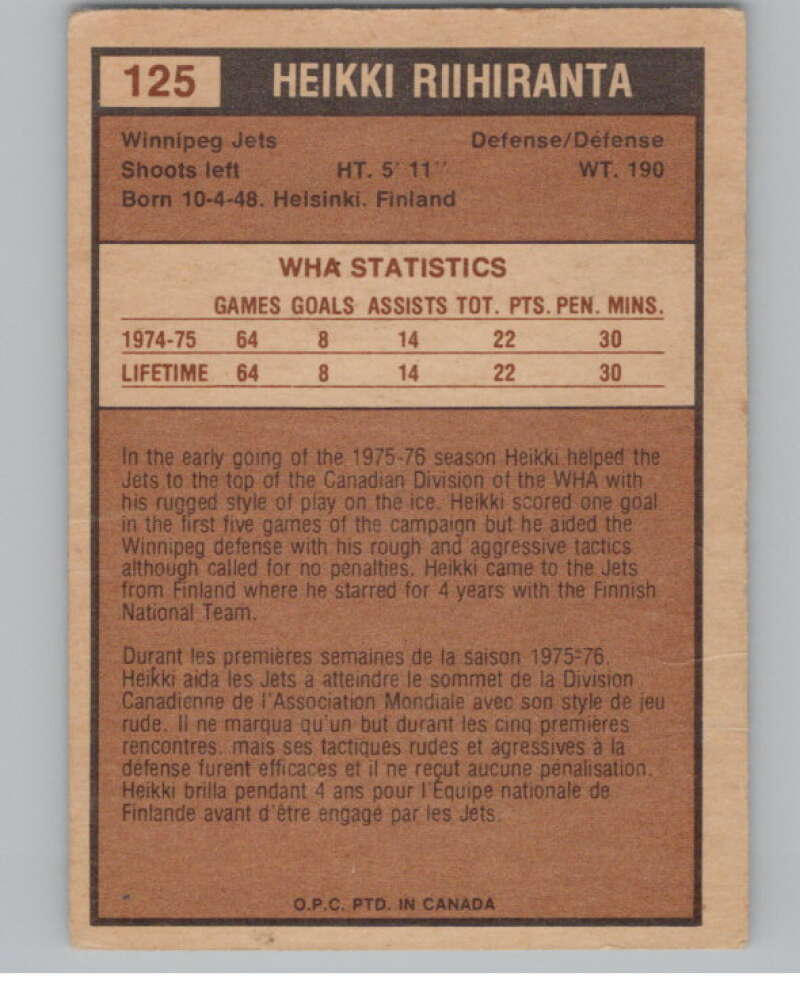 1975-76 O-Pee-Chee WHA #125 Heikki Riihiranta  Winnipeg Jets  V103286 Image 2
