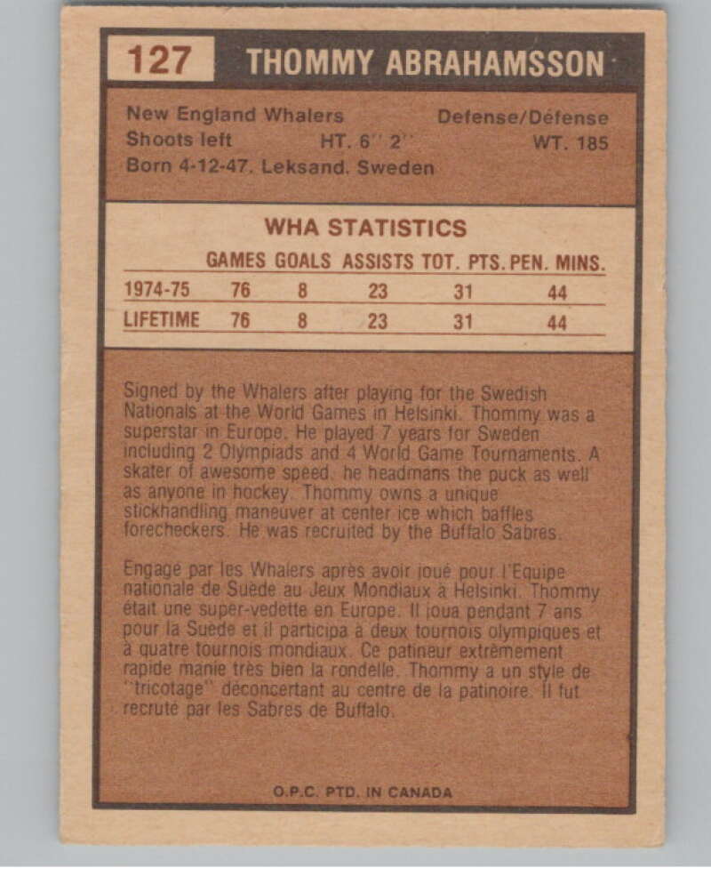 1975-76 O-Pee-Chee WHA #127 Thommy Abrahamsson RC Rookie Whalers  V103287 Image 2
