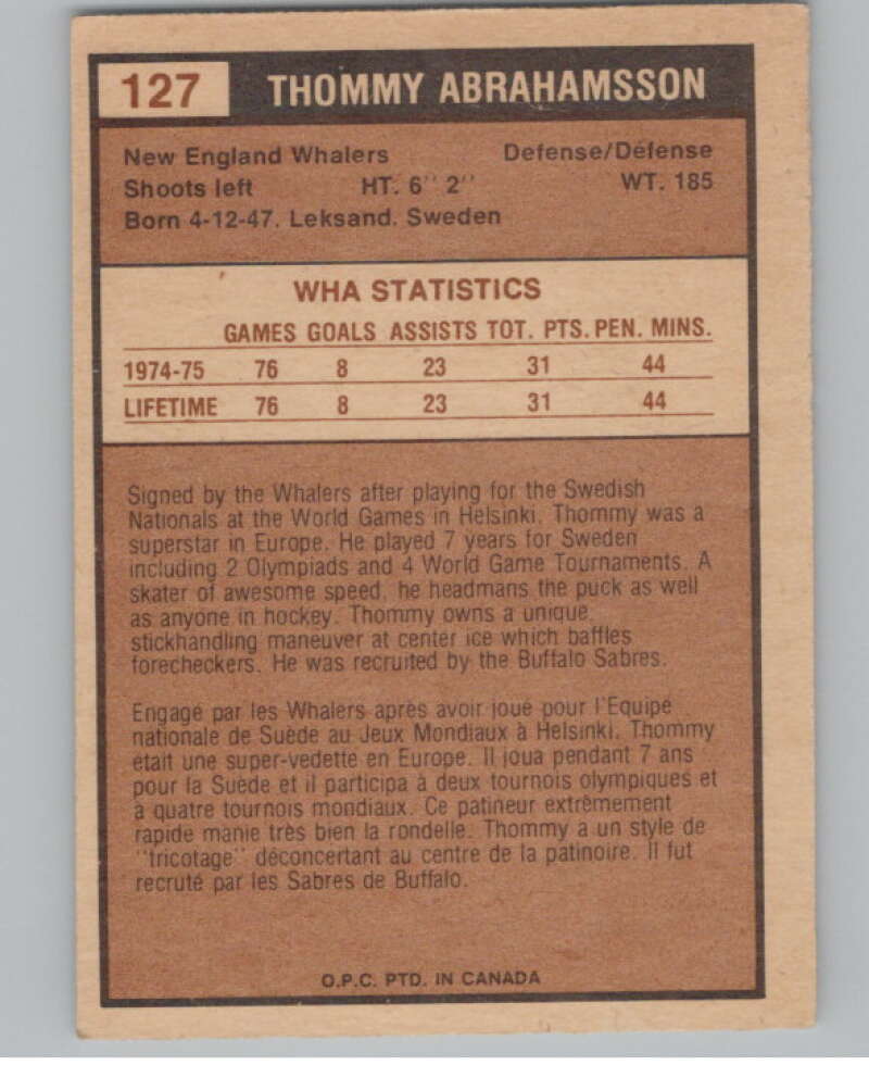 1975-76 O-Pee-Chee WHA #127 Thommy Abrahamsson RC Rookie Whalers  V103288 Image 2