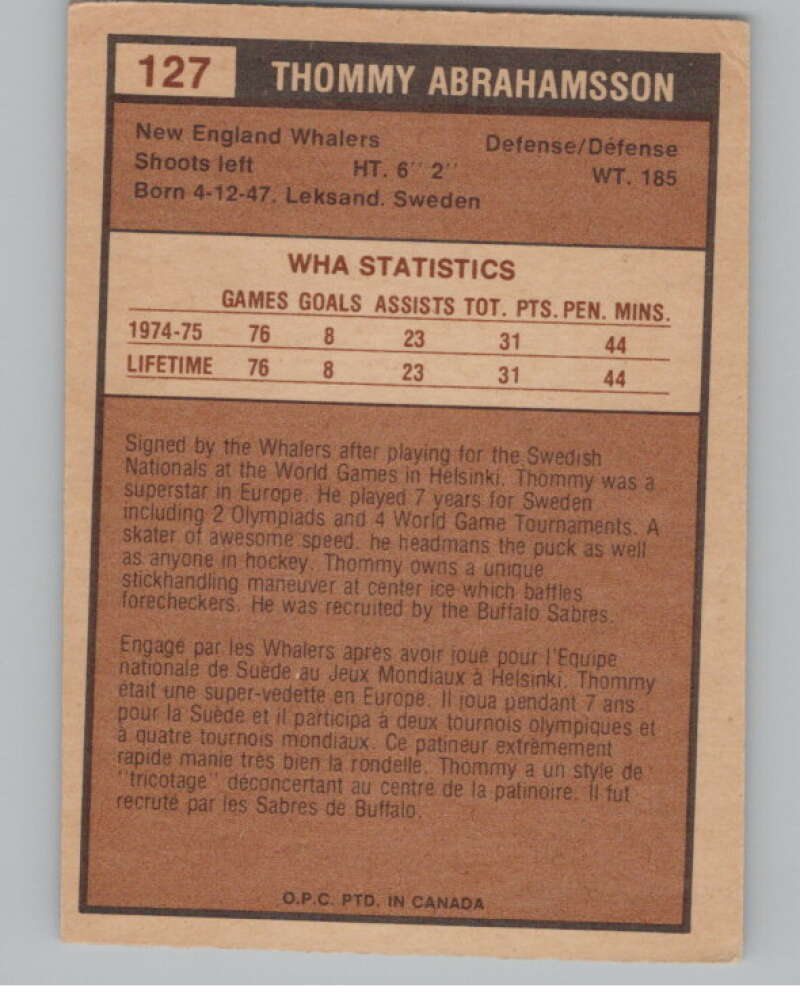 1975-76 O-Pee-Chee WHA #127 Thommy Abrahamsson RC Rookie Whalers  V103289 Image 2
