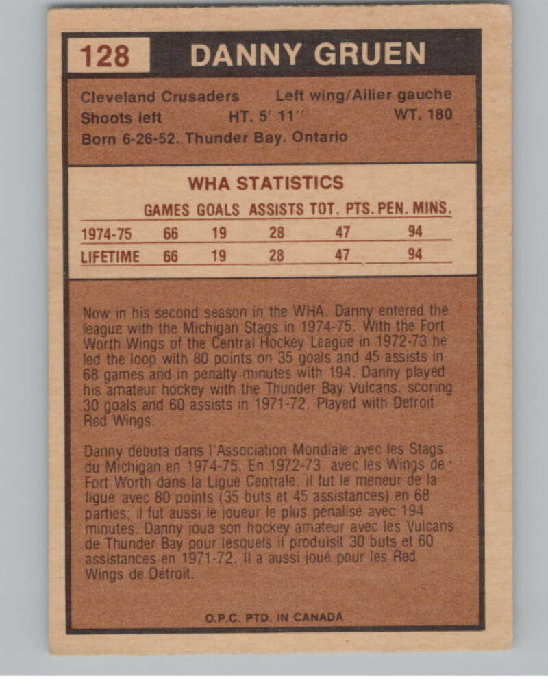 1975-76 O-Pee-Chee WHA #128 Danny Gruen  RC Rookie Cleveland Crusaders  V103290 Image 2