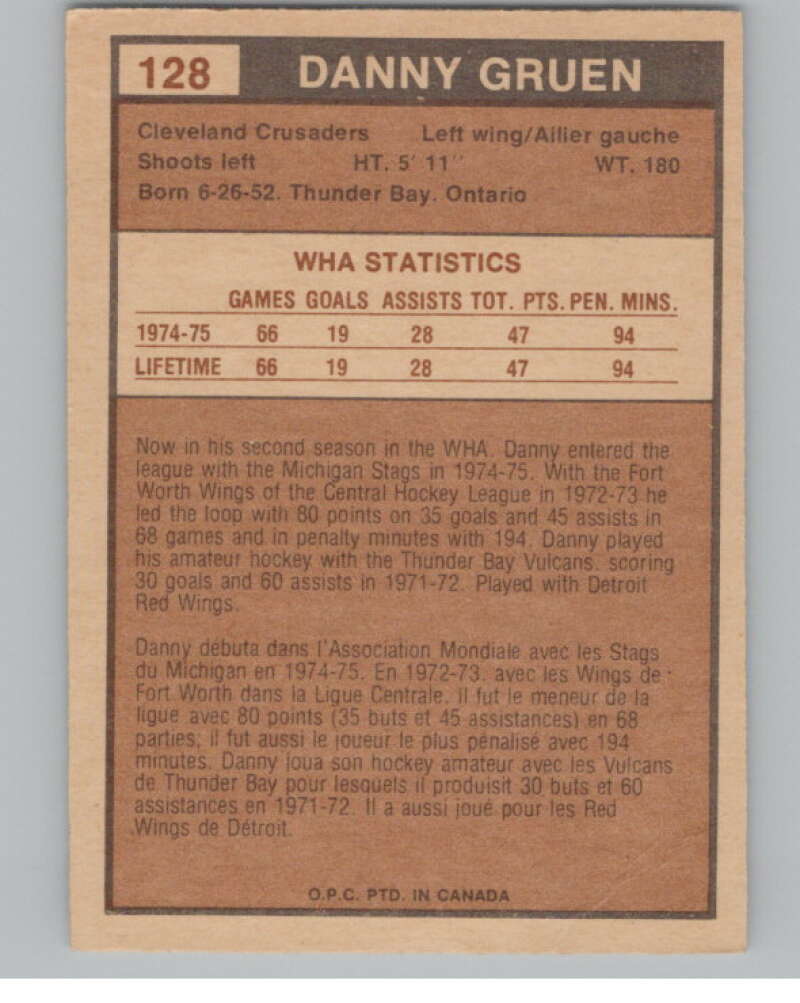 1975-76 O-Pee-Chee WHA #128 Danny Gruen  RC Rookie Cleveland Crusaders  V103291 Image 2