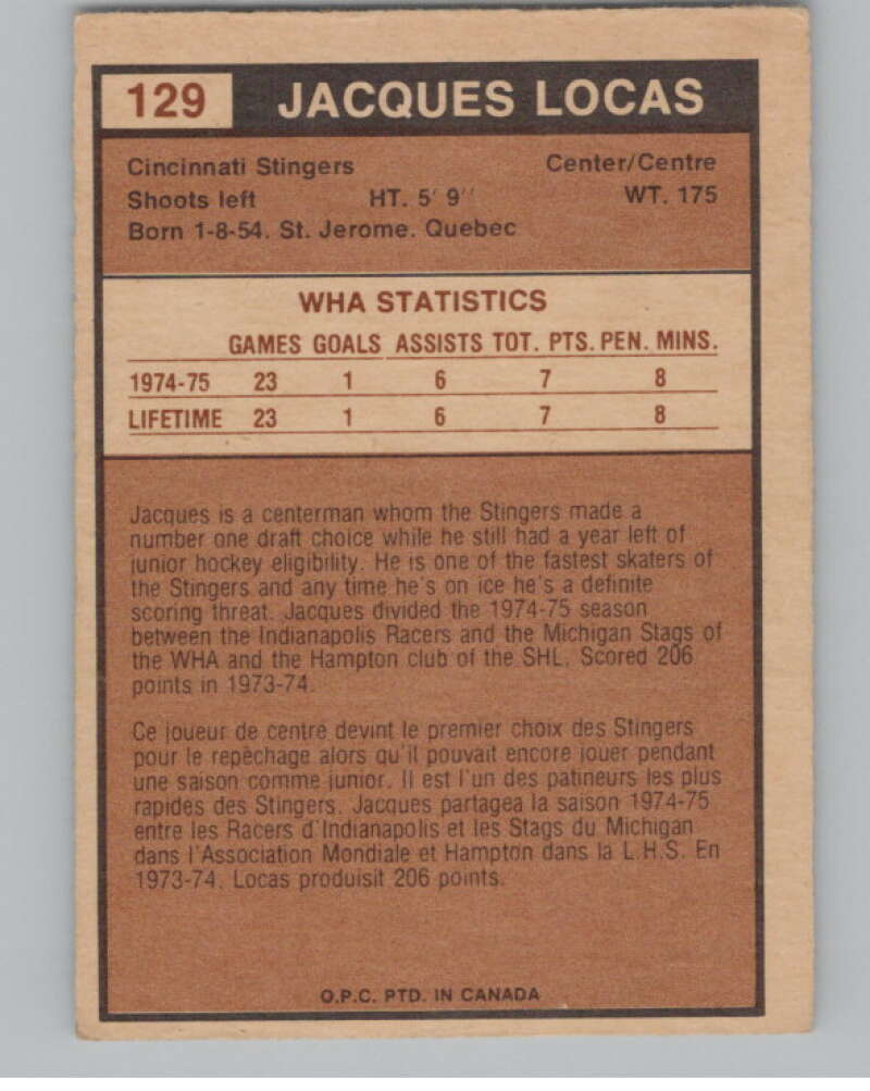 1975-76 O-Pee-Chee WHA #129 Jacques Locas  RC Rookie Cincinnati Stingers  V103292 Image 2