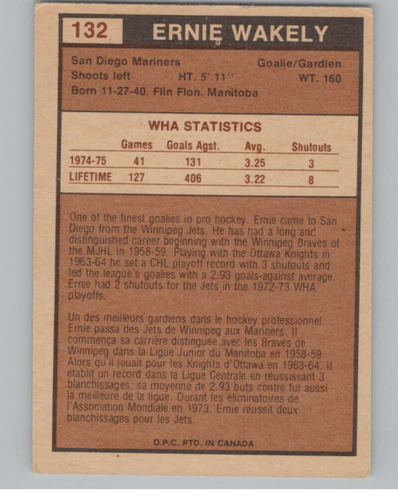 1975-76 O-Pee-Chee WHA #132 Ernie Wakely  San Diego Mariners  V103295 Image 2