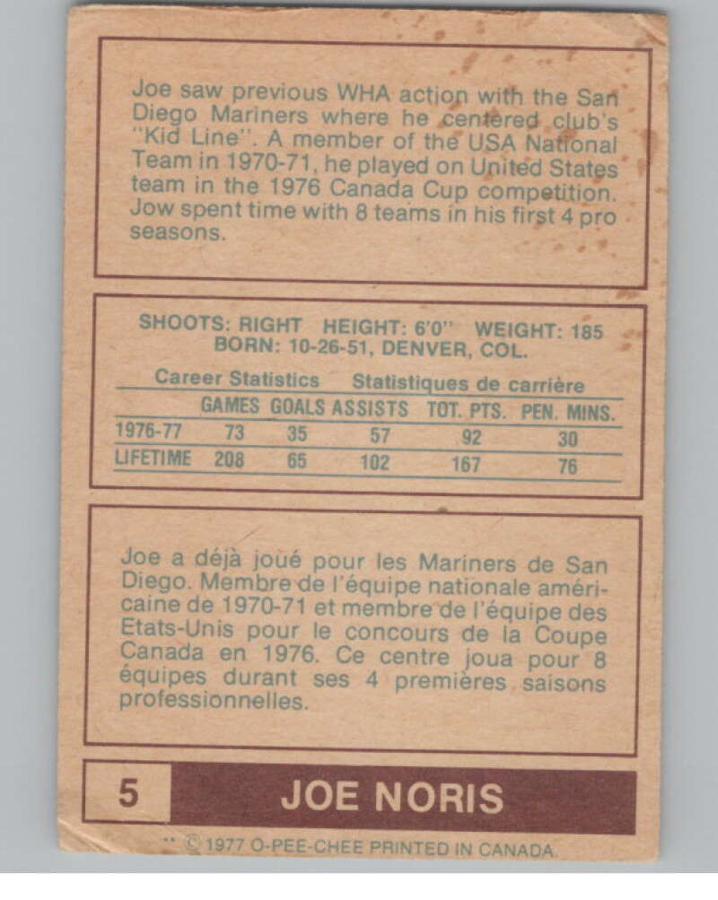 1977-78 O-Pee-Chee WHA #5 Joe Noris  Birmingham Bulls  V103298 Image 2