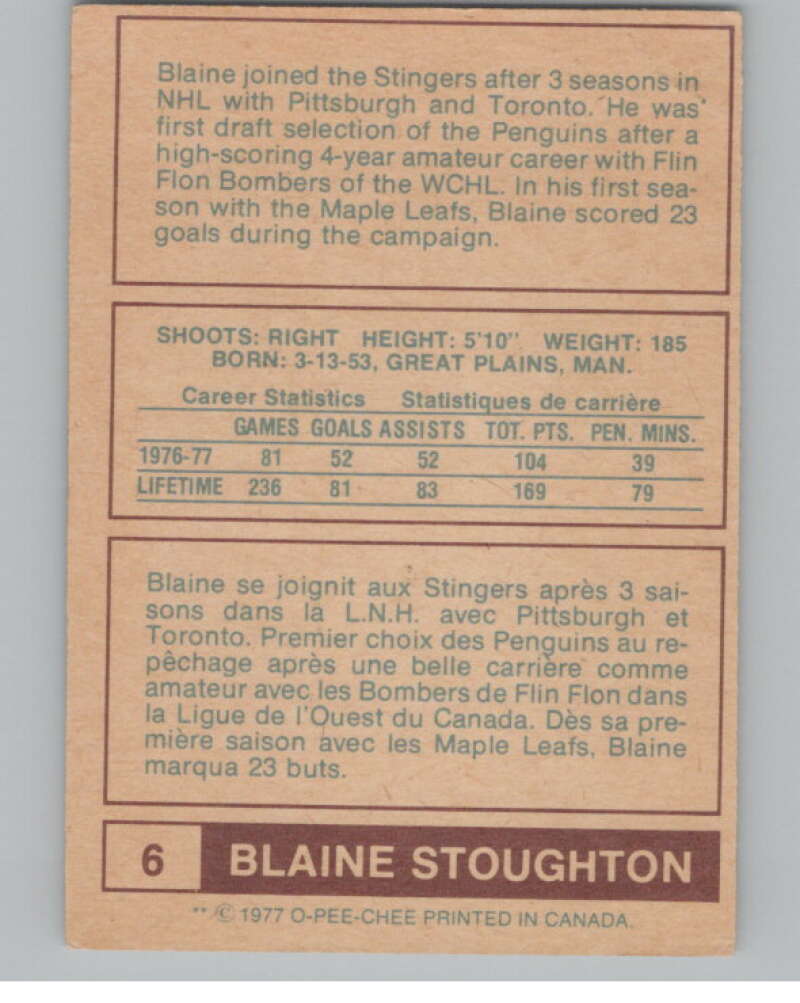 1977-78 O-Pee-Chee WHA #6 Blaine Stoughton  Cincinnati Stingers  V103299 Image 2
