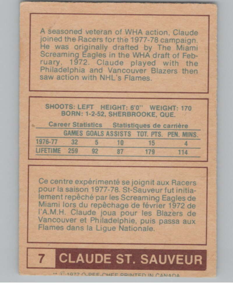 1977-78 O-Pee-Chee WHA #7 Claude St. Sauveur  Indianapolis Racers  V103300 Image 2