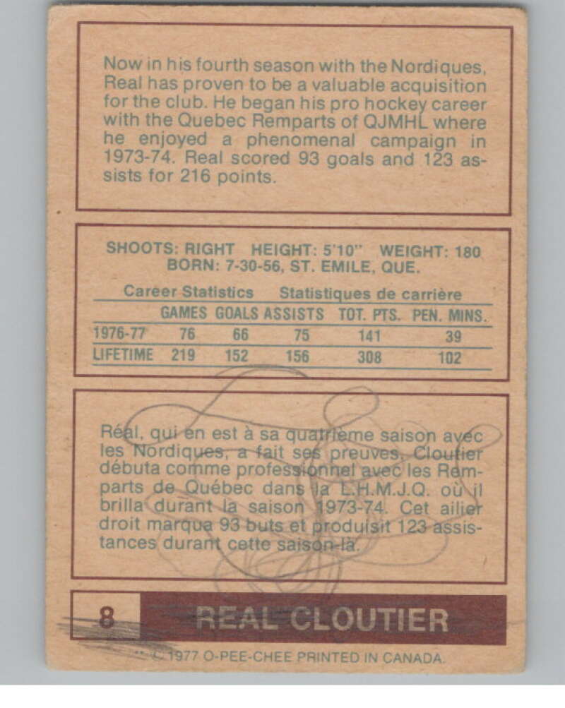 1977-78 O-Pee-Chee WHA #8 Real Cloutier  Quebec Nordiques  V103301 Image 2
