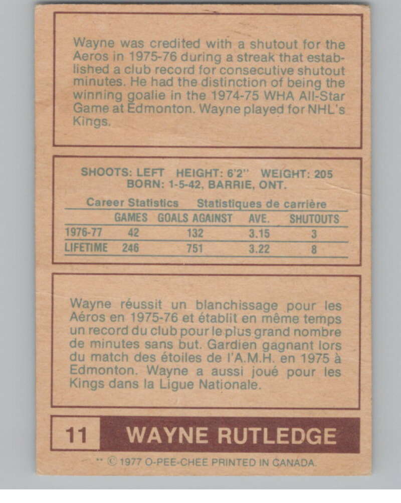 1977-78 O-Pee-Chee WHA #11 Wayne Rutledge  Houston Aeros  V103302 Image 2