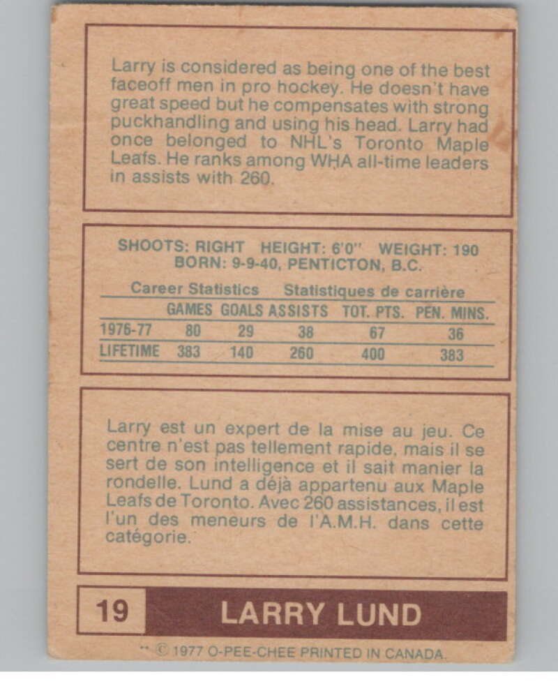 1977-78 O-Pee-Chee WHA #19 Larry Lund  Houston Aeros  V103304 Image 2