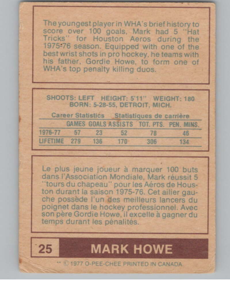 1977-78 O-Pee-Chee WHA #25 Mark Howe  New England Whalers  V103307 Image 2