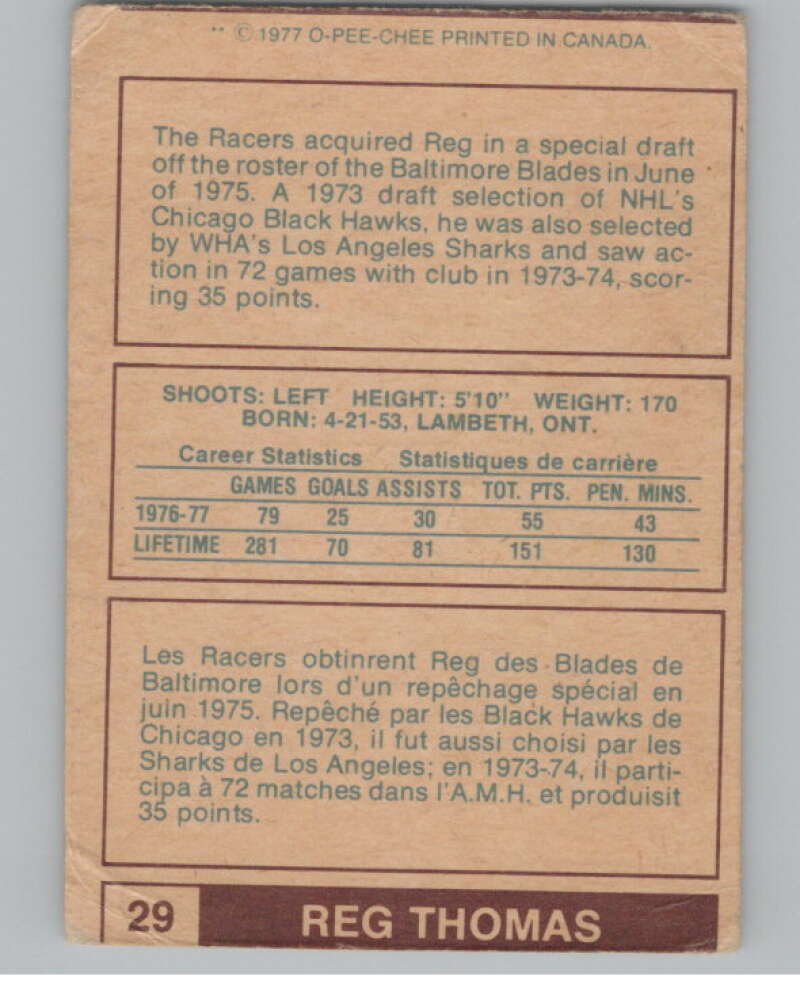 1977-78 O-Pee-Chee WHA #29 Reg Thomas  Indianapolis Racers  V103310 Image 2