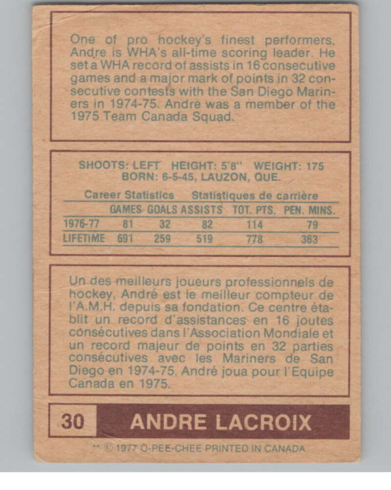 1977-78 O-Pee-Chee WHA #30 Andre Lacroix  Houston Aeros  V103311 Image 2