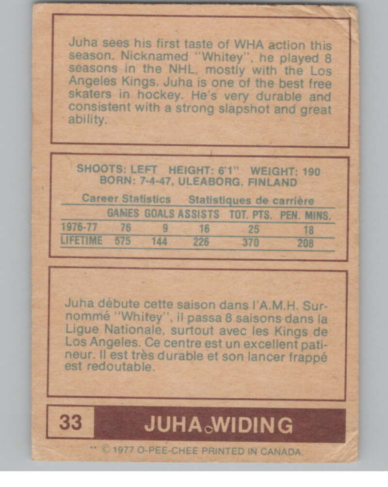 1977-78 O-Pee-Chee WHA #33 Juha Widing  Edmonton Oilers  V103312 Image 2