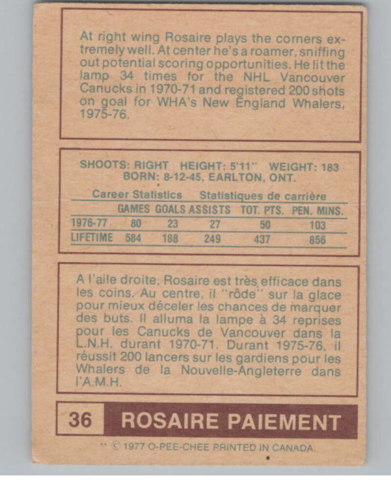 1977-78 O-Pee-Chee WHA #36 Rosaire Paiement  Indianapolis Racers  V103313 Image 2