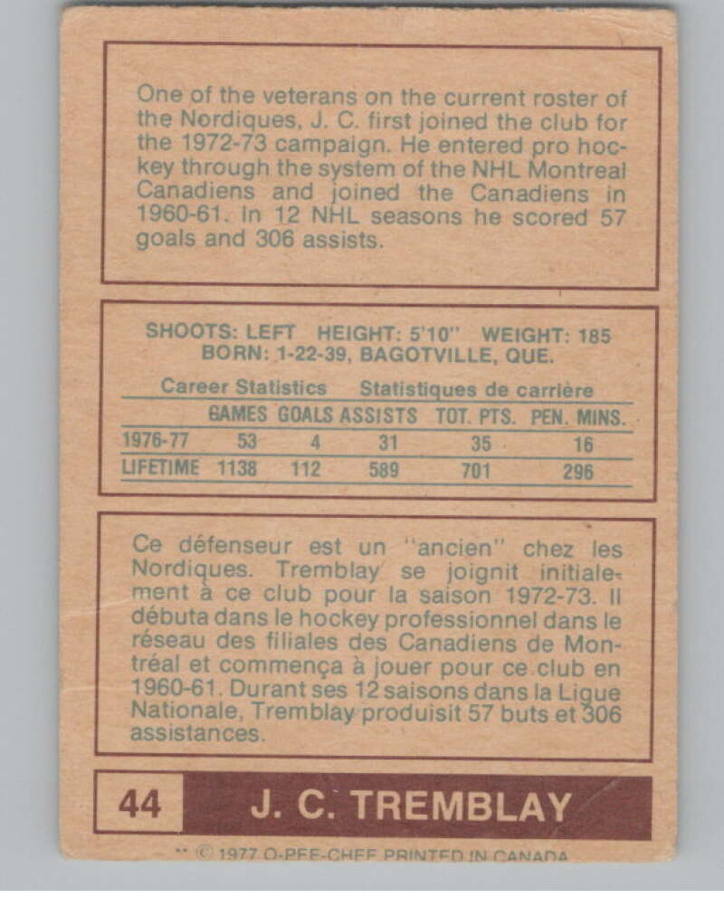 1977-78 O-Pee-Chee WHA #44 J.C. Tremblay  Quebec Nordiques  V103317 Image 2