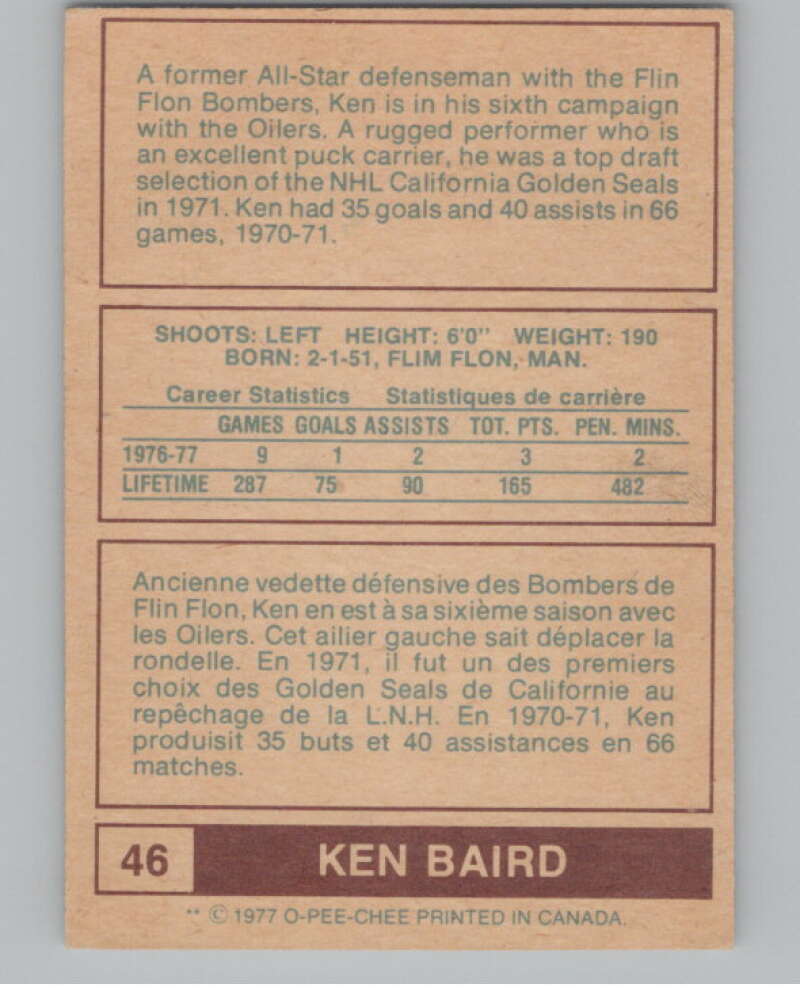 1977-78 O-Pee-Chee WHA #46 Ken Baird  Edmonton Oilers  V103319 Image 2