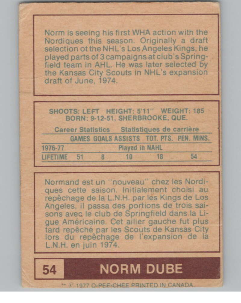 1977-78 O-Pee-Chee WHA #54 Norm Dube  RC Rookie Quebec Nordiques  V103322 Image 2