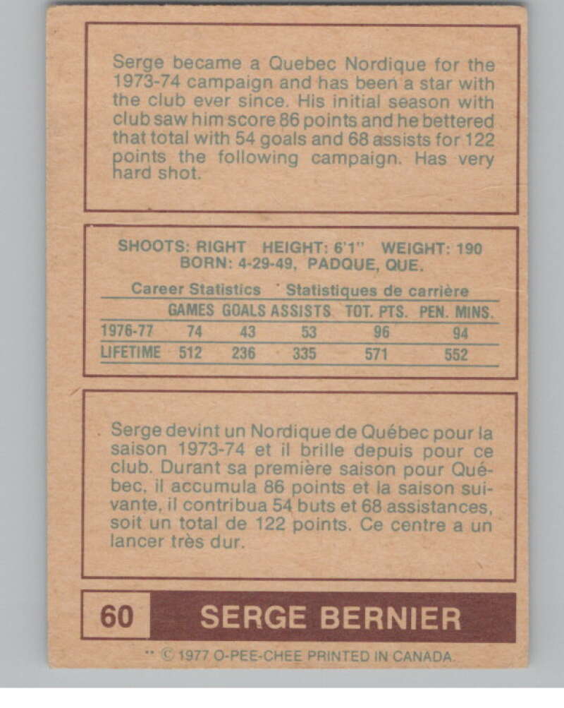 1977-78 O-Pee-Chee WHA #60 Serge Bernier  Quebec Nordiques  V103325 Image 2