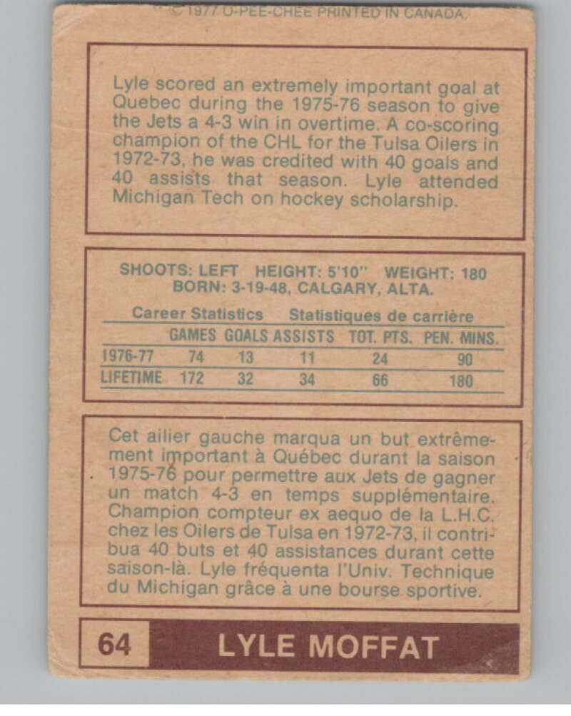 1977-78 O-Pee-Chee WHA #64 Lyle Moffat Hockey NHL Winn Jets  V103326 Image 2