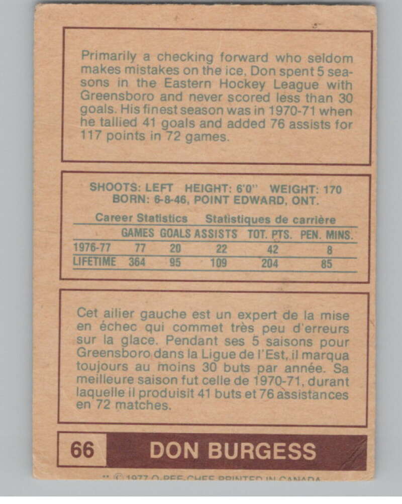 1977-78 O-Pee-Chee WHA #66 Don Burgess  Indianapolis Racers  V103327 Image 2