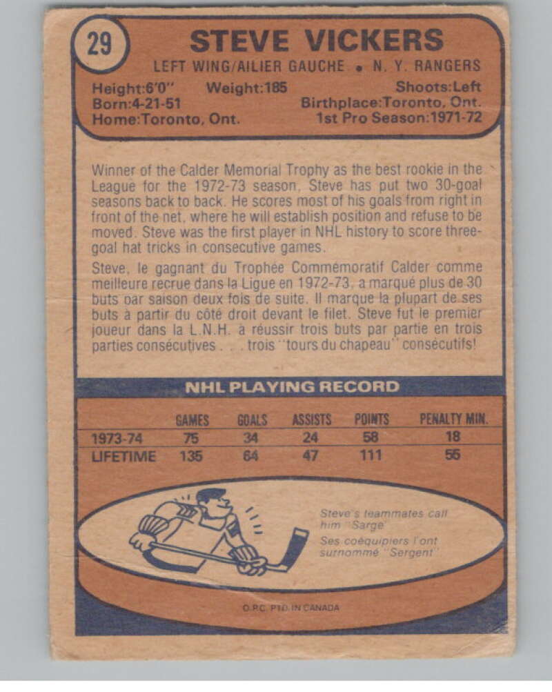 1974-75 O-Pee-Chee #29 Steve Vickers NHL New York Rangers  V103335 Image 2