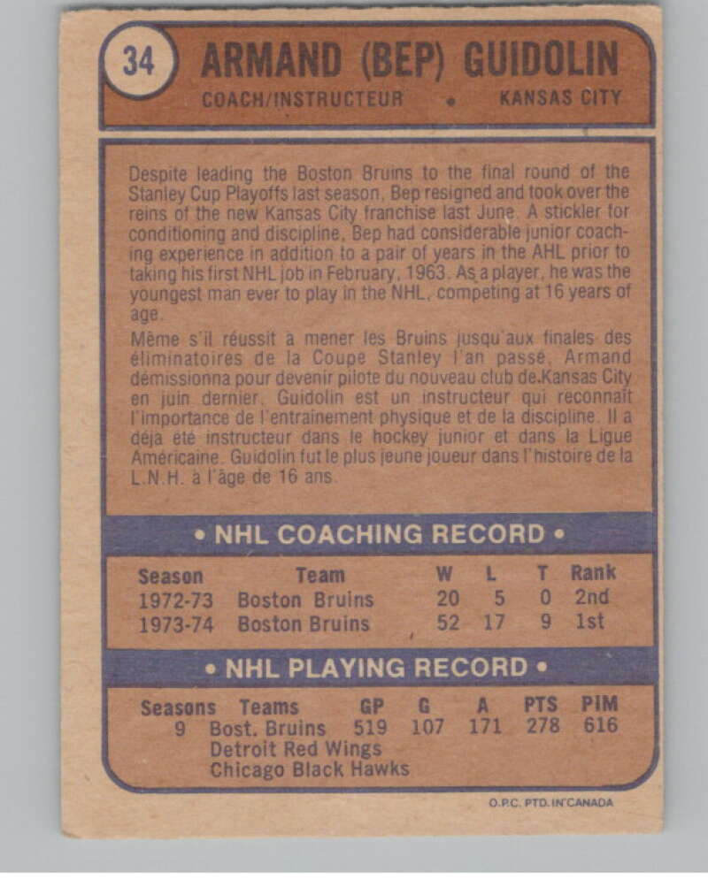 1974-75 O-Pee-Chee #34 Bep Guidolin CO NHL Kansas City Scouts  V103337 Image 2