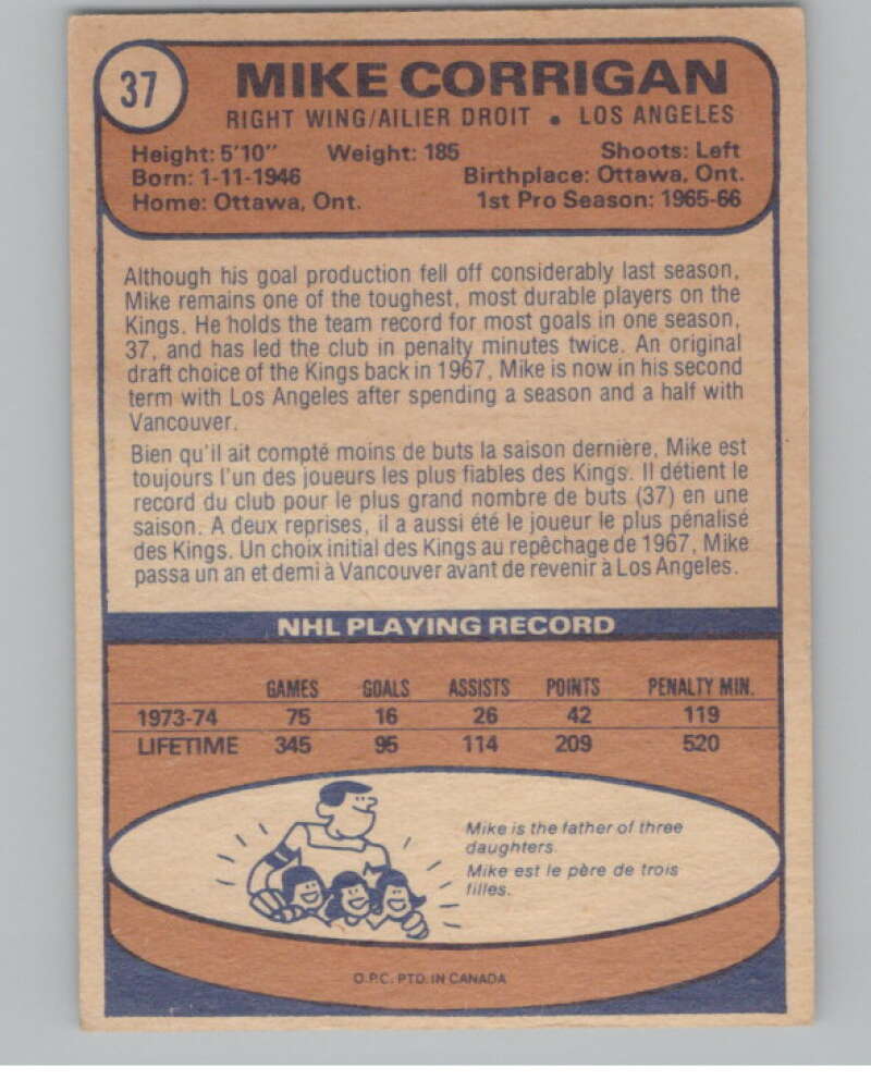1974-75 O-Pee-Chee #37 Mike Corrigan NHL Los Angeles Kings  V103339 Image 2