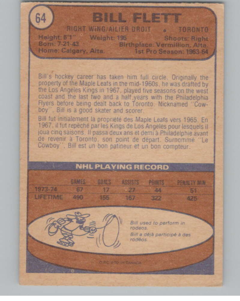 1974-75 O-Pee-Chee #64 Bill Flett NHL Toronto Maple Leafs  V103343 Image 2