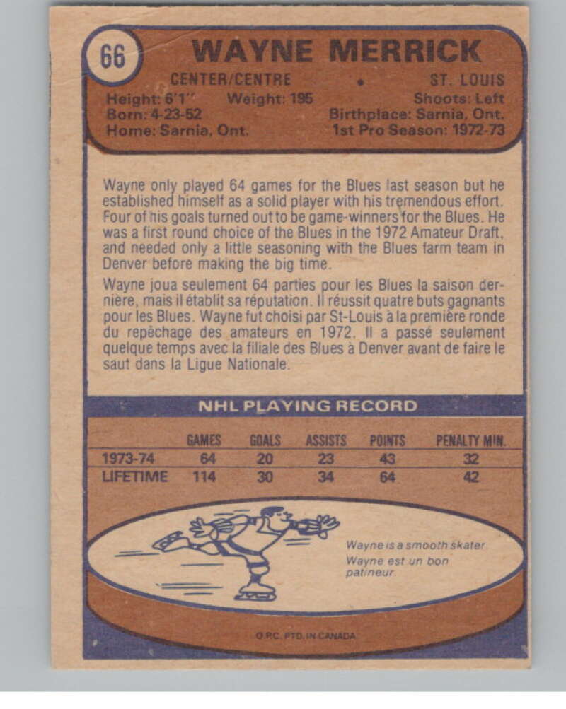 1974-75 O-Pee-Chee #66 Wayne Merrick NHL RC Rookie St. Louis Blues  V103344 Image 2