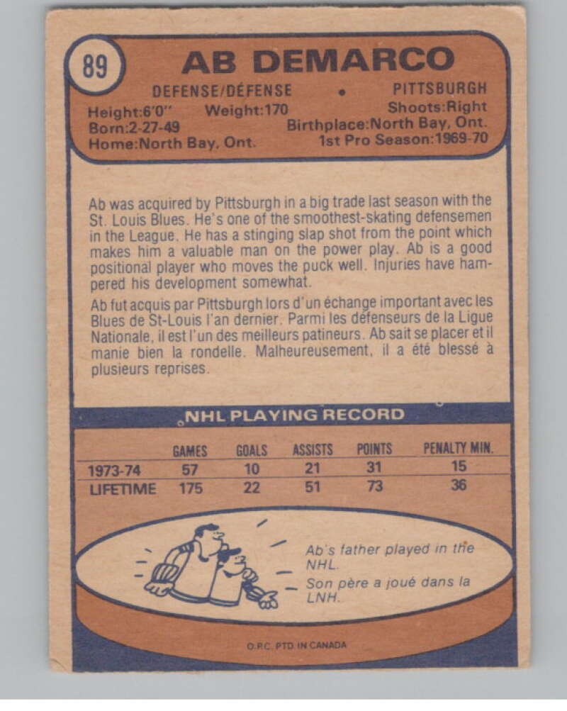 1974-75 O-Pee-Chee #89 Ab DeMarco NHL Pittsburgh Penguins  V103348 Image 2