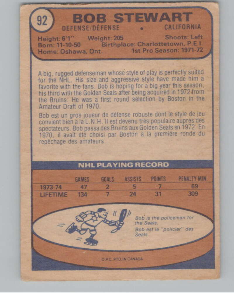 1974-75 O-Pee-Chee #92 Bob Stewart NHL California Golden Seals  V103349 Image 2