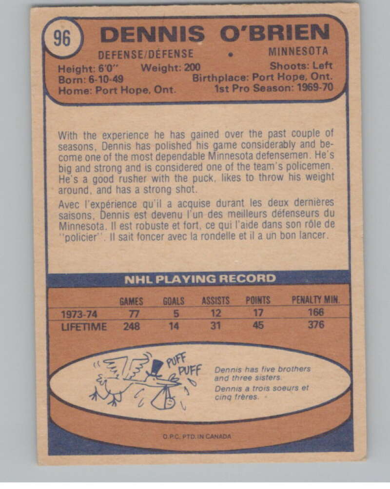 1974-75 O-Pee-Chee #96 Dennis O'Brien NHL Minnesota North Stars  V103350 Image 2