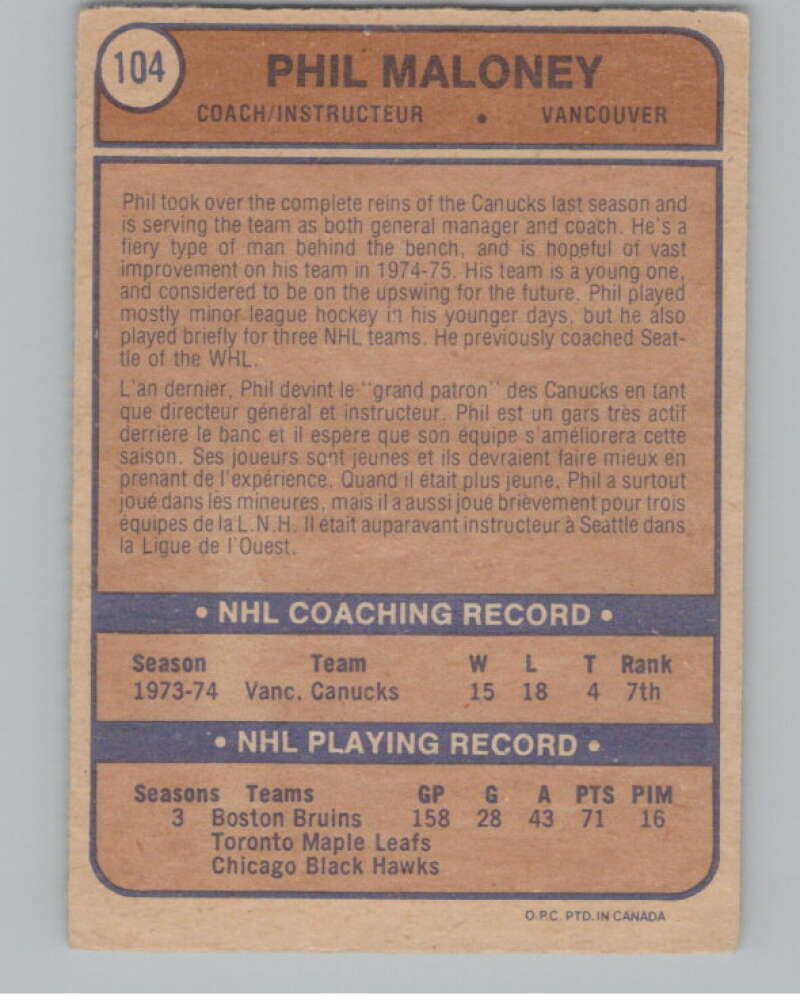 1974-75 O-Pee-Chee #104 Phil Maloney CO NHL RC Rookie Canucks  V103351 Image 2