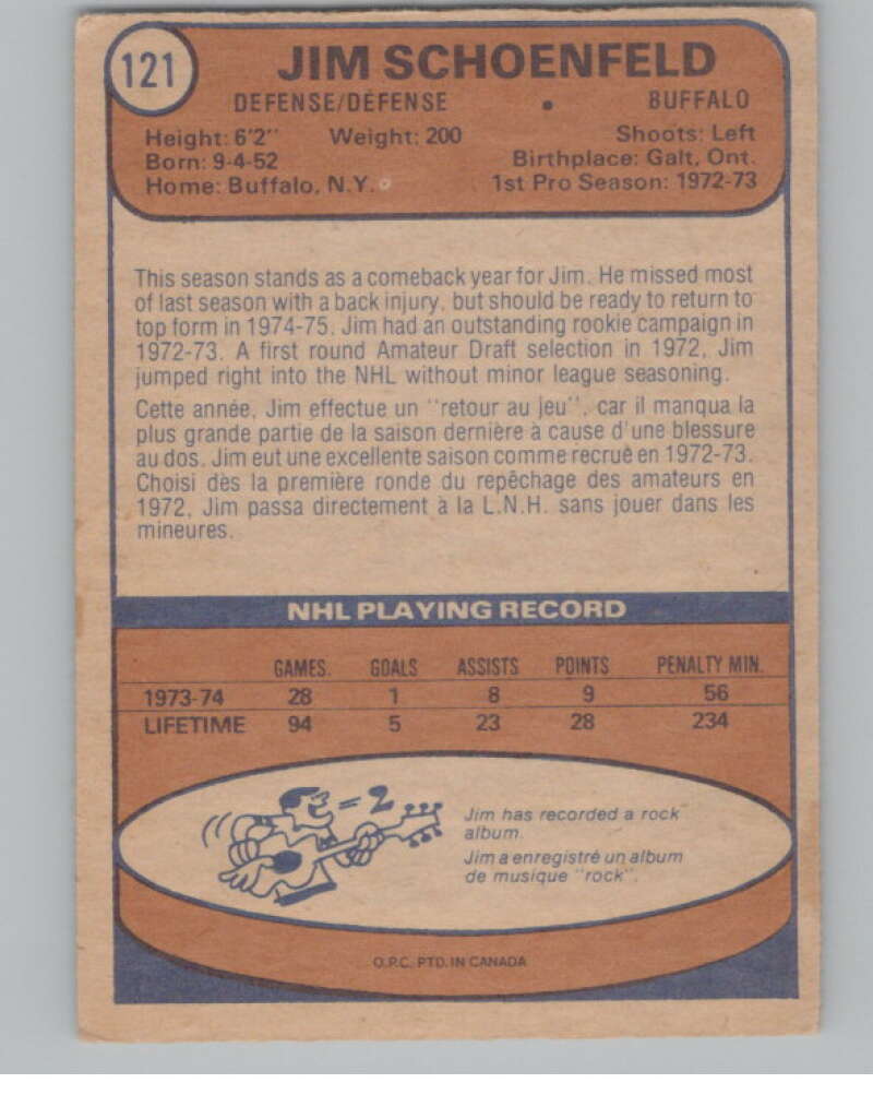 1974-75 O-Pee-Chee #121 Jim Schoenfeld NHL Buffalo Sabres  V103355 Image 2