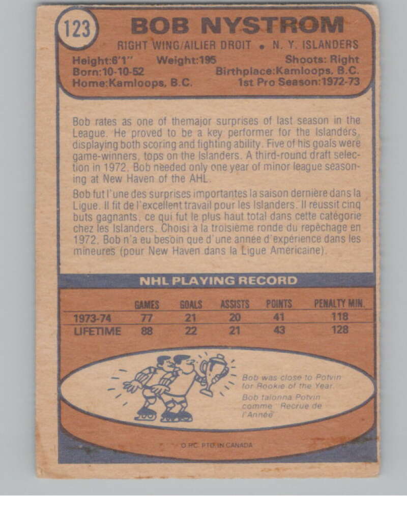 1974-75 O-Pee-Chee #123 Bob Nystrom NHL New York Islanders  V103356 Image 2