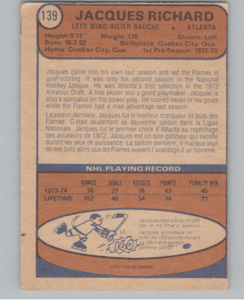 1974-75 O-Pee-Chee #139 Jacques Richard NHL Atlanta Flames  V103358 Image 2