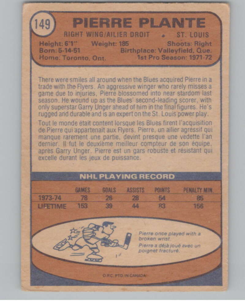 1974-75 O-Pee-Chee #149 Pierre Plante NHL St. Louis Blues  V103363 Image 2